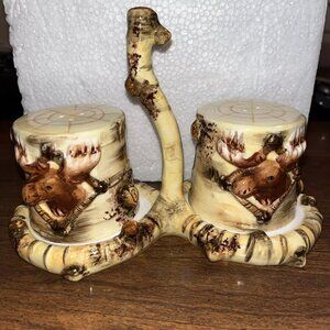 Moose/Wood/Hunter Themed Salt & Pepper Shakers With Stand/Novelty Neutral Colors